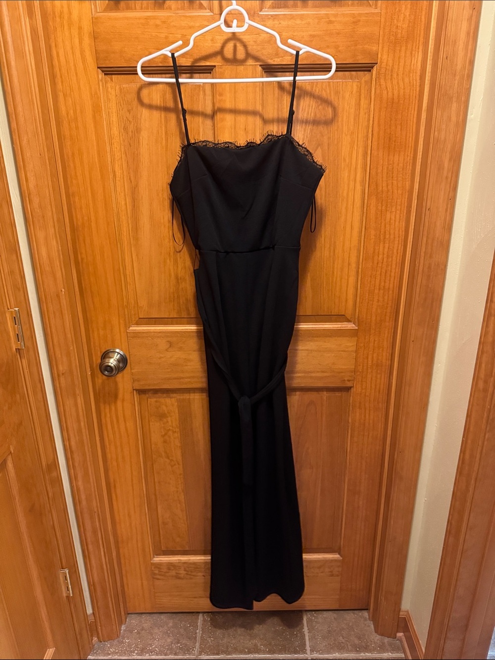 Black Lace-Trim Spaghetti-Strap Jumpsuit